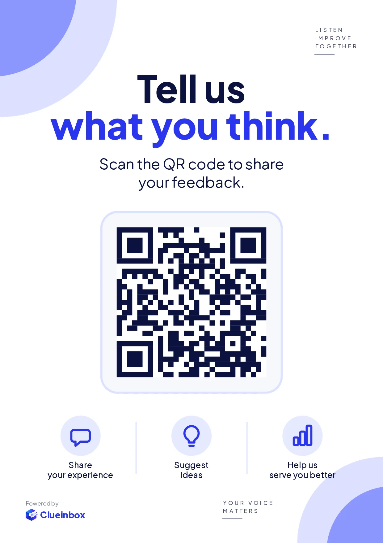 An A4 poster reading Tell us what you think, with a QR code in the middle